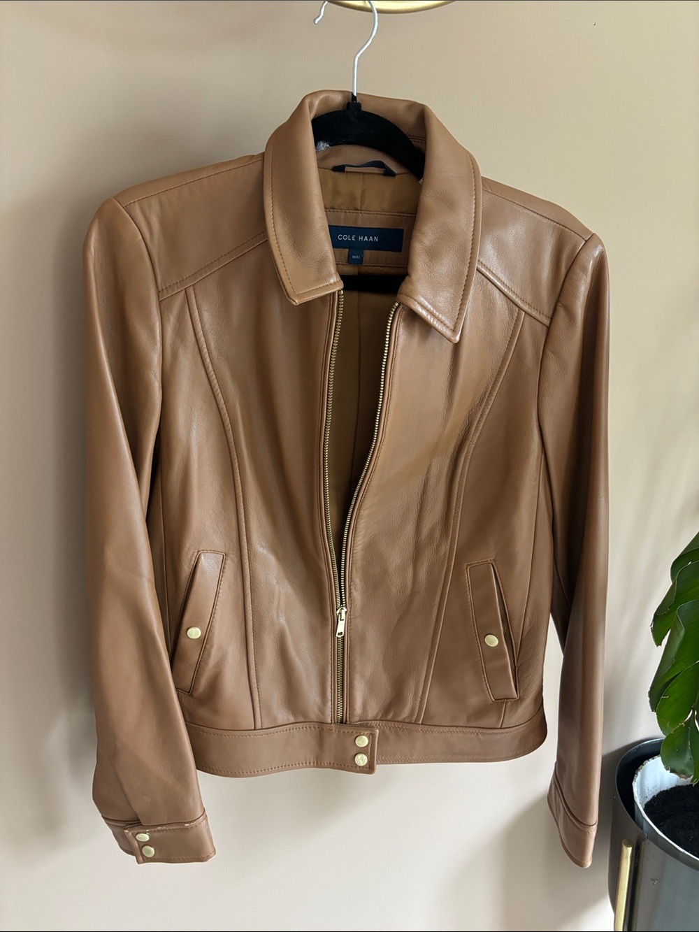 Cole Haan Cognac Brown Leather Zip Jacket
